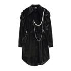Long-sleeve Faux Pearl Strap Velvet Midi A-line Dress Black - One Size