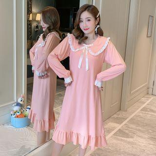 Long-sleeve Frill Trim Padded Midi Sleep Dress