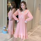 Long-sleeve Frill Trim Padded Midi Sleep Dress