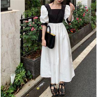 Lantern-sleeve Two-tone Dress Black & White - One Size