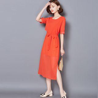 Elbow-sleeve Tie-waist Chiffon Dress