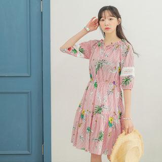Balloon-sleeve Foliage A-line Dress