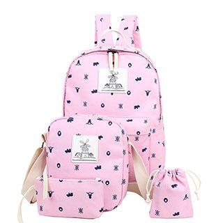Set Of 4: Print Backpack + Shoulder Bag + Zip Pouch + Drawstring Pouch