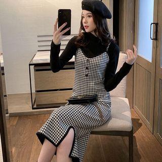 Set: Plain Knit Top + Spaghetti Strap Midi Houndstooth Dress