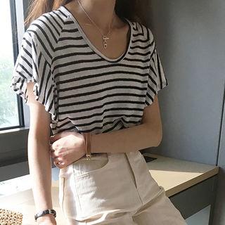 Stripe Flutter-sleeve T-shirt