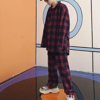 Set: Plaid Shirt + Straight-fit Pants
