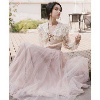 Set: Long-sleeve Lace Blouse + Mesh Midi A-line Skirt