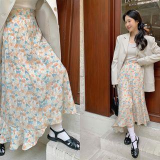 Asymmetric Ruffle Floral Long Skirt