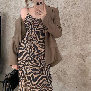 Plain Blazer / Printed Spaghetti-strap Maxi Sheath Dress