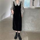 Long-sleeve Mock Two-piece Patterned Midi A-line Dress