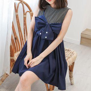 Mock Two Piece Striped Panel Bow Accent Sleeveless Dress