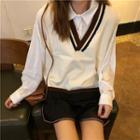 Plain Long-sleeve Loose-fit Shirt / Color-block Knit Vest / Plain Skort