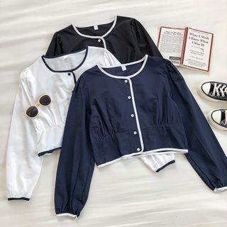 Color-block Trim Crewneck Long-sleeve Blouse
