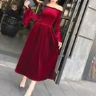 Off-shoulder Long-sleeve Midi Dress
