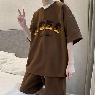 Set: Elbow-sleeve Lettering Embroidered T-shirt + Sweatshorts