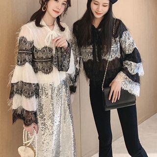 Tie-neck Lace Panel Fringe Blouse