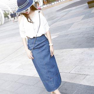 Set: Cutout-sleeve Top + Denim Skirt