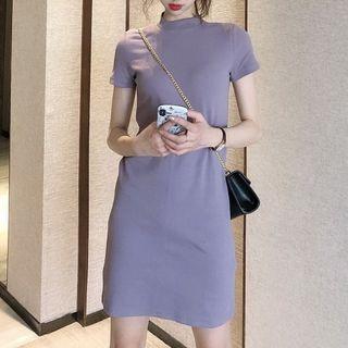 Short-sleeve Mock-neck Mini A-line Dress