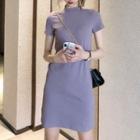 Short-sleeve Mock-neck Mini A-line Dress