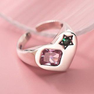 Heart Rhinestone Sterling Silver Open Ring Silver - One Size