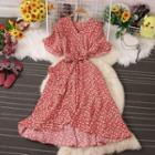 Short-sleeve V-neck Ruffle Floral Lace-up Chiffon Mermaid Dress