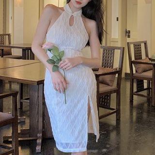 Halter Neck Slit Midi Dress
