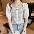 Square-neck Puff-sleeve Tweed Panel Blouse