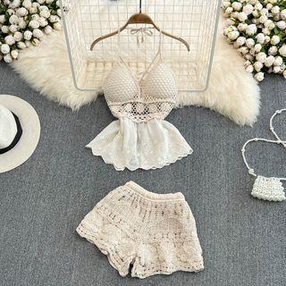 Set: Crochet Knit Camisole + Shorts