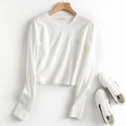 Long-sleeve Crop Plain T-shirt White - One Size