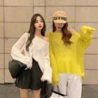 Long-sleeve Asymmetric Plain Knit Top