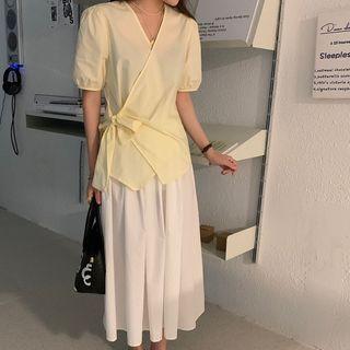 Short-sleeve Wrapped Top / A-line Skirt