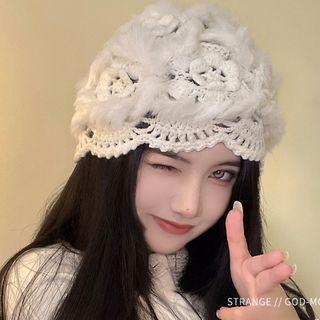 Fluffy Crochet Knit Beanie White - M