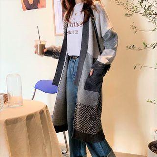 Patterned Color Block Midi Cardigan Gray & White - One Size