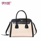 Genuine-leather Color-block Tote Black And Beige - One Size