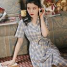 Short-sleeve Double Breasted Gingham Midi Dress