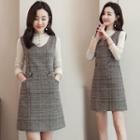 Set: Long-sleeve Top + Sleeveless Plaid Mini Dress