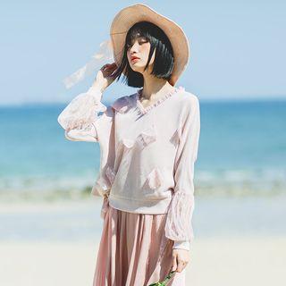 Mesh Panel V-neck Sweater