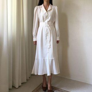 Ruffle Hem Half-placket Long-sleeve Midi Shirtdress As Shown In Figure - One Size