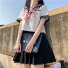Short-sleeve Sailor Collar Tie-neck Top / Pleated Mini A-line Skirt