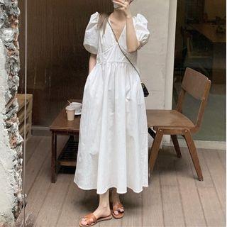 Puff-sleeve V-neck Open-back Dress White - One Size