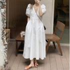 Puff-sleeve V-neck Open-back Dress White - One Size