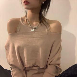 Plain Camisole/ Long-sleeve Off-shoulder Top