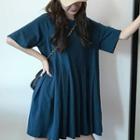 Plain Short-sleeve Pleated Dress Bluish Green - One Size