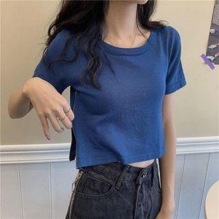 Short-sleeve Plain Zip Cropped T-shirt
