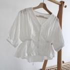 Plain V-neck Single-breasted Lace-up Short-sleeve Blouse White - One Size