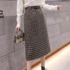 Gingham Woolen Midi Pencil Skirt