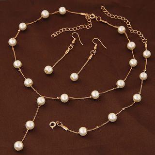Set: Faux Pearl Necklace + Bracelet + Drop Earring