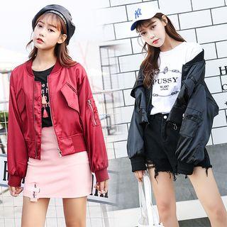 Bird Embroidered Cropped Bomber Jacket