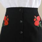 Flower Embroidered Button-front Mini Skirt