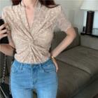 Short-sleeve V-neck Twisted Lace Top